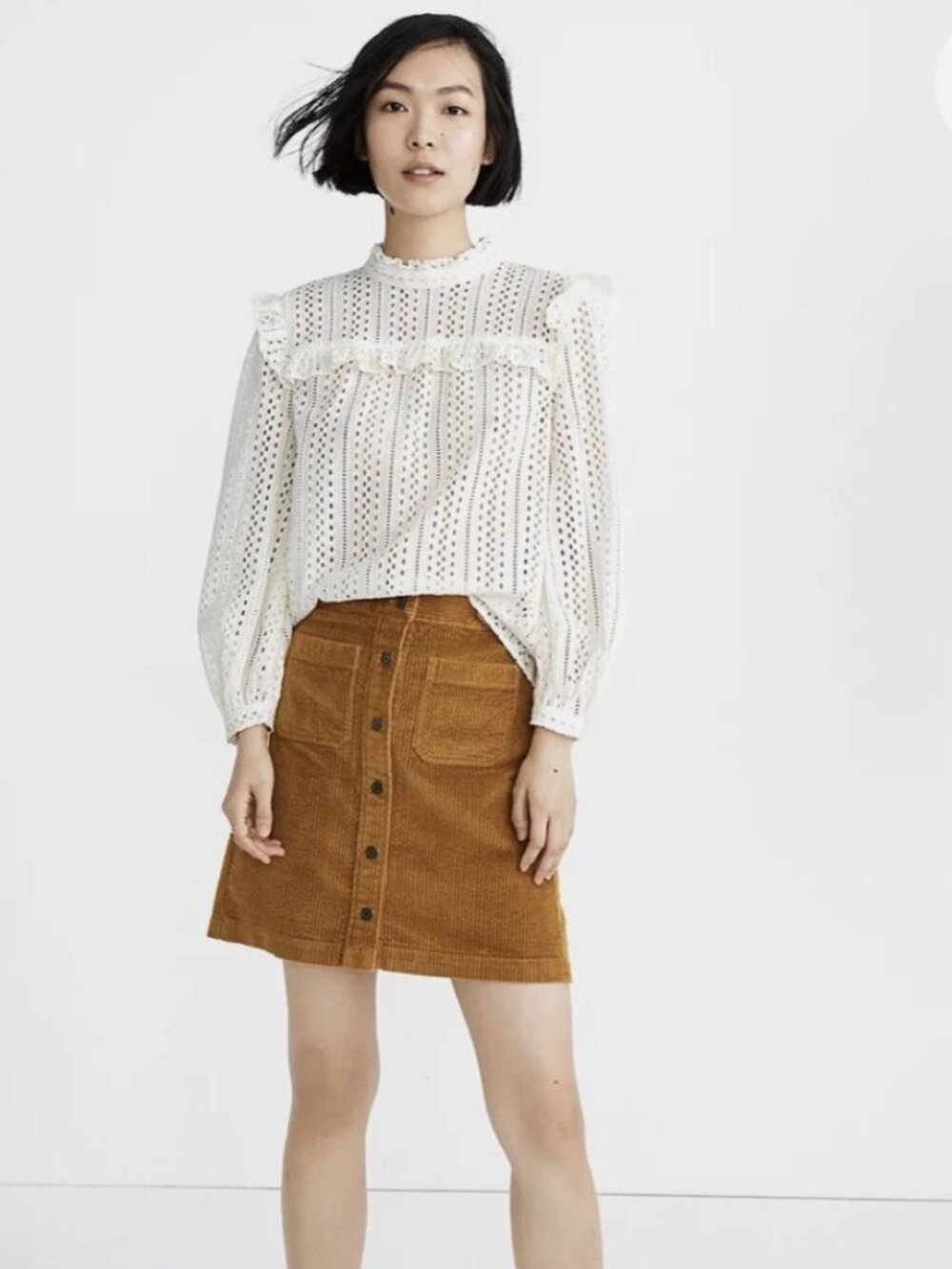Madewell Eyelet Ivory Mockneck Ruffle Top